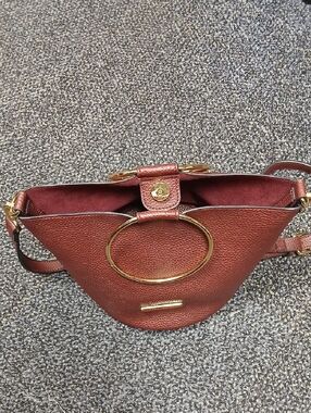 Katie Ĺoxton Maroon Leather Bucket Shoulder Bag with Gold Ring